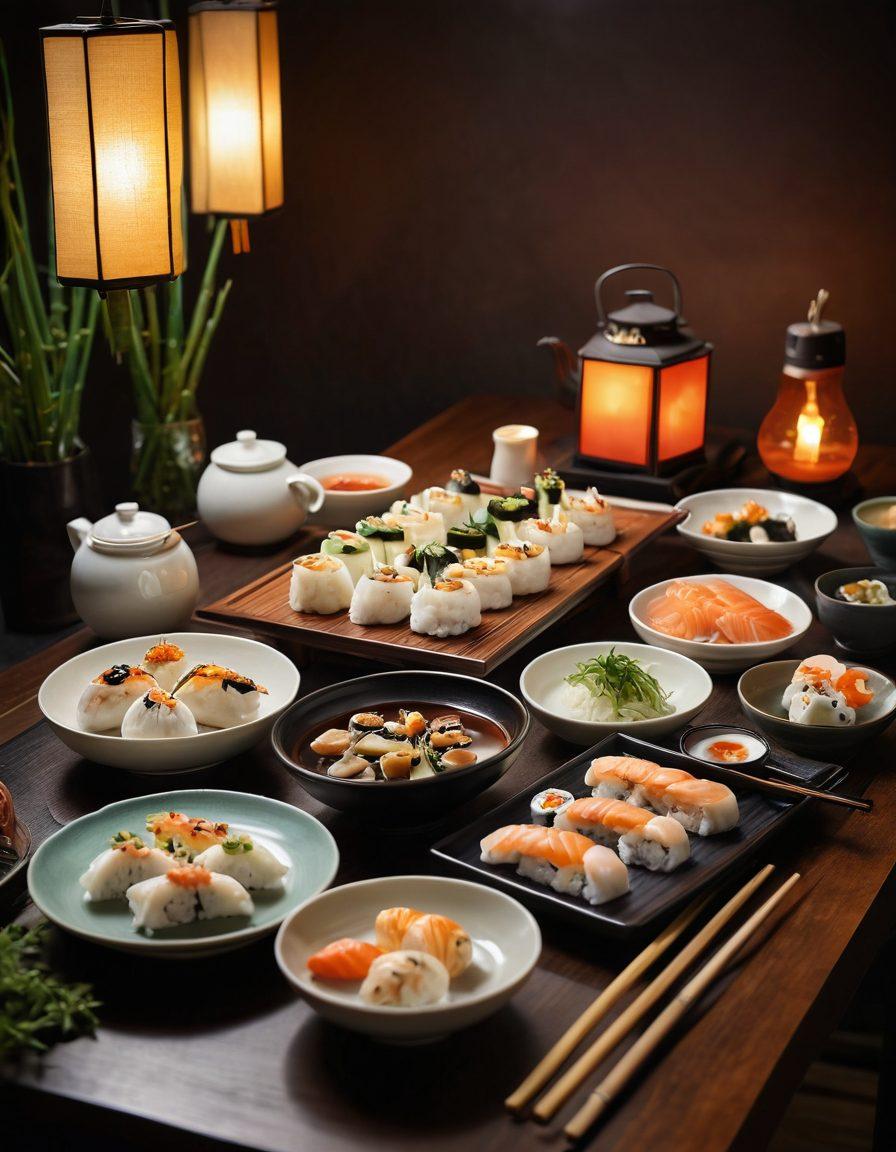 A beautifully arranged table set for an Asian meal, featuring elegant chopsticks poised above a delicious spread of sushi, dumplings, and steaming tea. In the background, an inviting ambiance with soft lantern lights and delicate bamboo decor, showcasing a blend of culinary expertise and cultural elegance. The focus on the chopsticks emphasizes their mastery and etiquette in dining. super-realistic. vibrant colors. warm lighting.