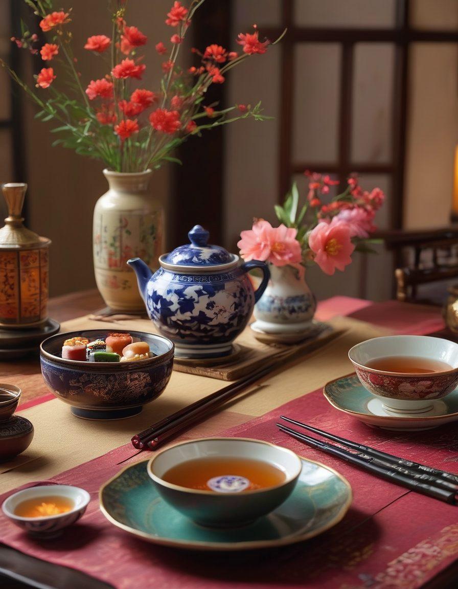 A beautifully set Asian dining table featuring traditional chopsticks, ornate dishes filled with colorful Asian cuisine, and delicate tea cups. Include an elegant floral centerpiece and soft ambient lighting that enhances a cozy dining atmosphere. Overlay subtle hints of cultural elements like bamboo and silk table runners. super-realistic. vibrant colors. warm ambiance.