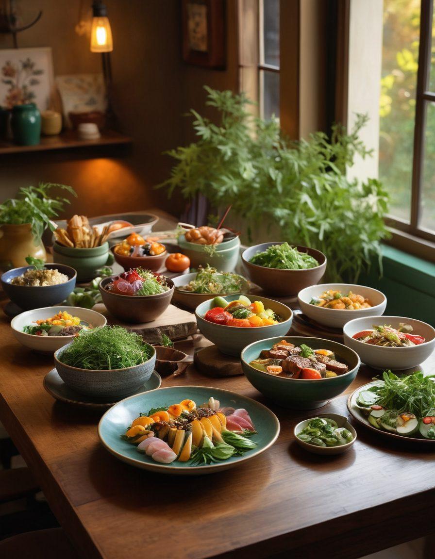A beautifully arranged table showcasing an array of colorful dishes being served with elegant chopsticks. The setting features a mix of traditional and modern tableware, with vibrant garnishes and lush green herbs. The background hints at a cozy kitchen ambiance, suggesting an intimate dining experience. Soft, warm lighting casts a glow over the scene to enhance the appetizing look of the food. painting. vibrant colors. cozy atmosphere.